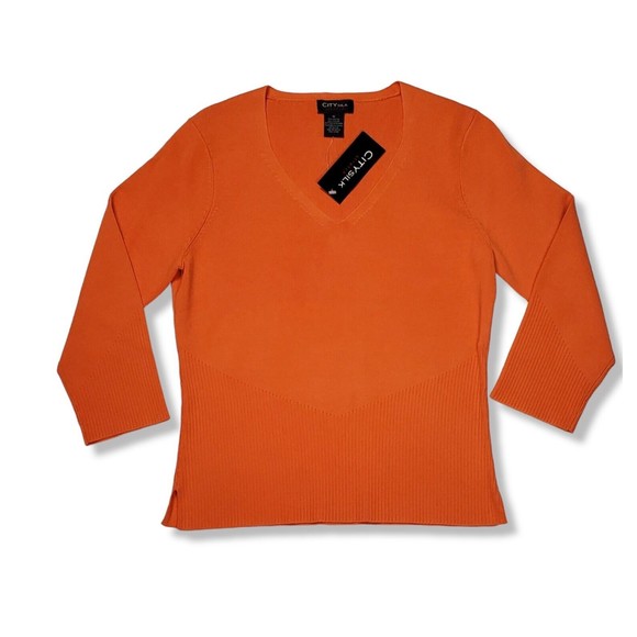 City Silk Pullover Top Women's Medium V Neck Orange Rayon Blend Knitted Fabric - Picture 1 of 6